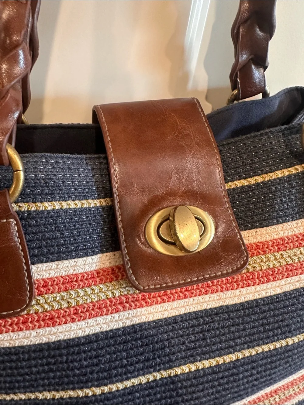 Croft & Barrow Striped Navy and Red Tote Bag with Brown Trim Turn Lock Closure